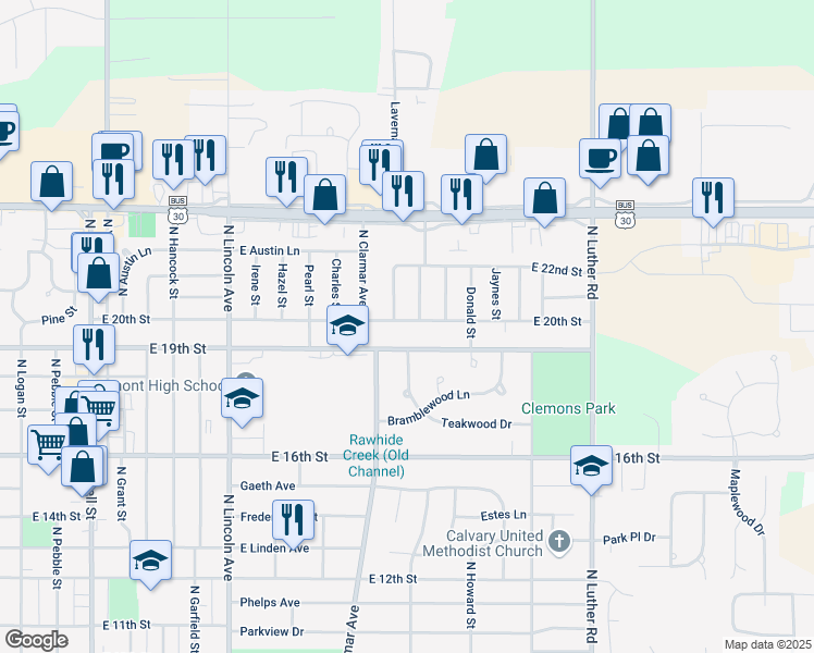 map of restaurants, bars, coffee shops, grocery stores, and more near 2017 East 20th Street in Fremont