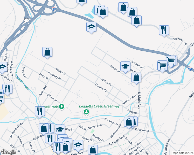 map of restaurants, bars, coffee shops, grocery stores, and more near 337 Wilbur Street in Scranton