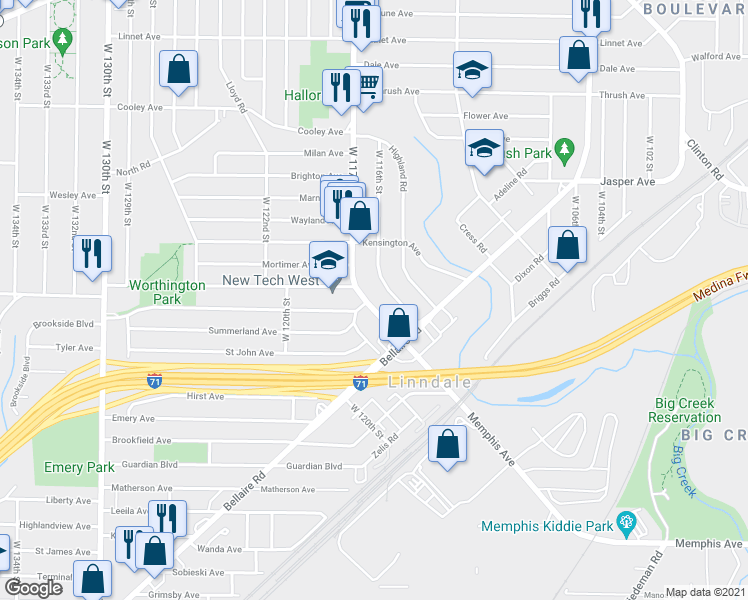 map of restaurants, bars, coffee shops, grocery stores, and more near 3889 West 117th Street in Cleveland