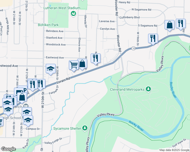 map of restaurants, bars, coffee shops, grocery stores, and more near 20253 Lorain Road in Cleveland