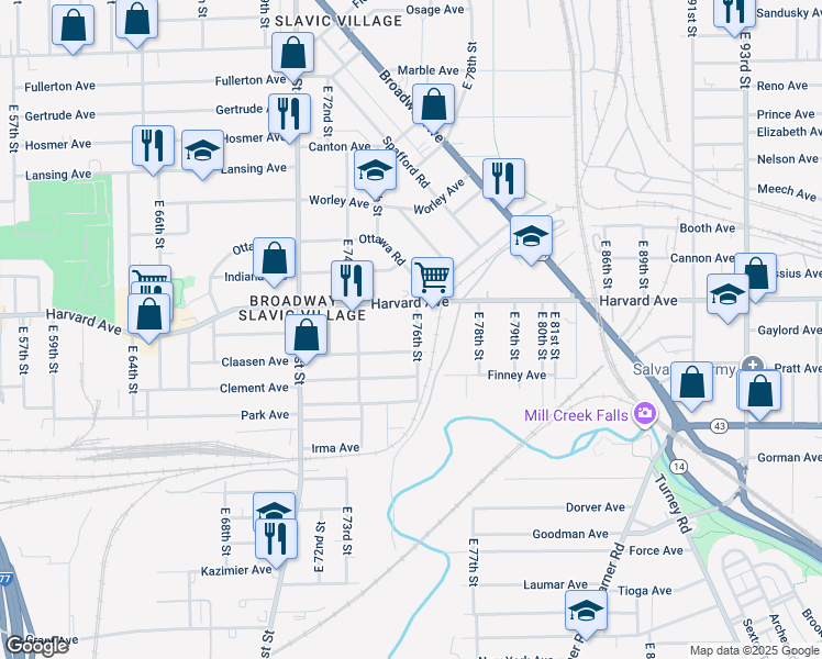 map of restaurants, bars, coffee shops, grocery stores, and more near 4074 East 76th Street in Cleveland
