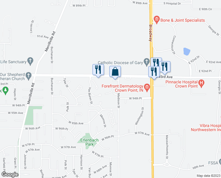 map of restaurants, bars, coffee shops, grocery stores, and more near 9366 Monroe Court in Crown Point