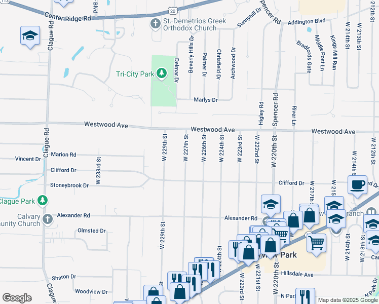 map of restaurants, bars, coffee shops, grocery stores, and more near 3889 West 227th Street in Fairview Park