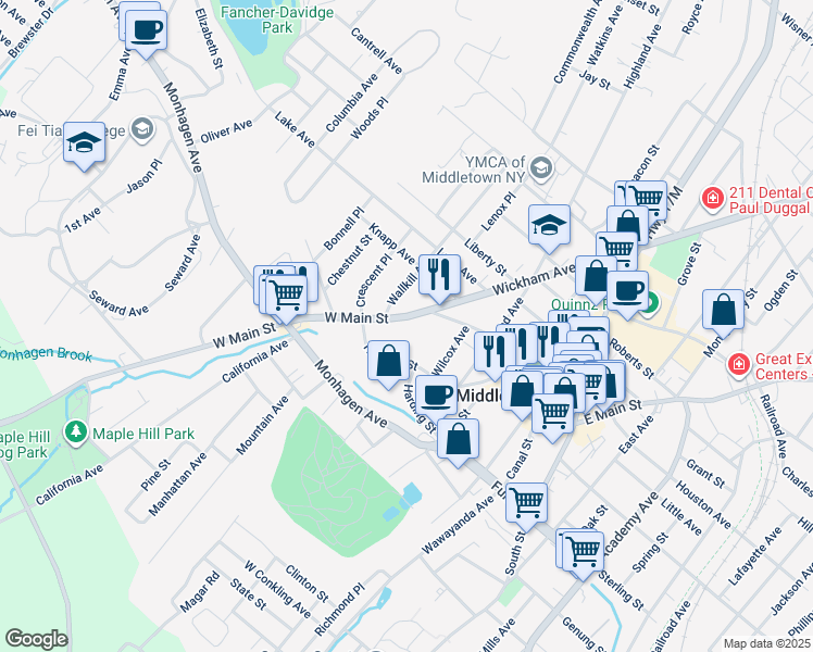map of restaurants, bars, coffee shops, grocery stores, and more near 134 West Main Street in Middletown