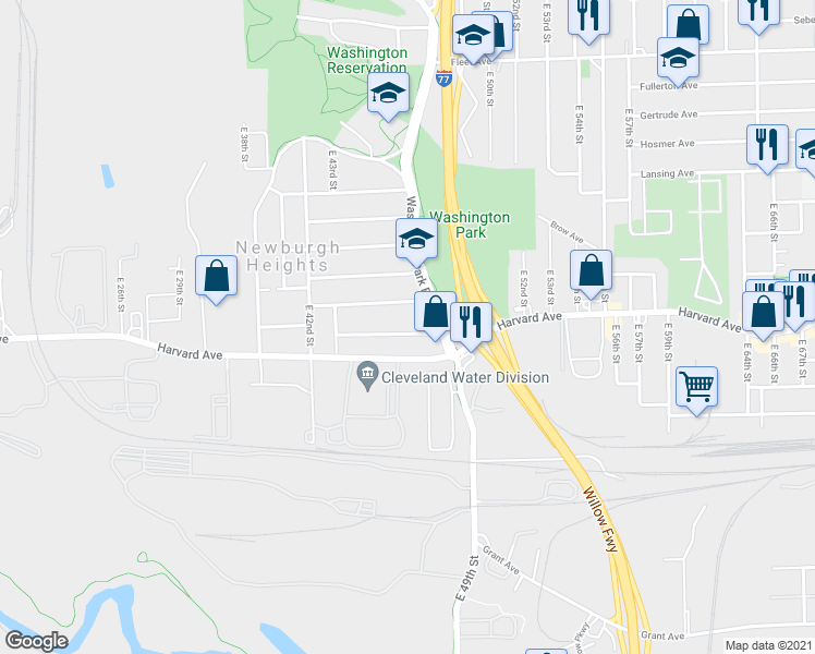 map of restaurants, bars, coffee shops, grocery stores, and more near 4701 Pearse Avenue in Newburgh Heights
