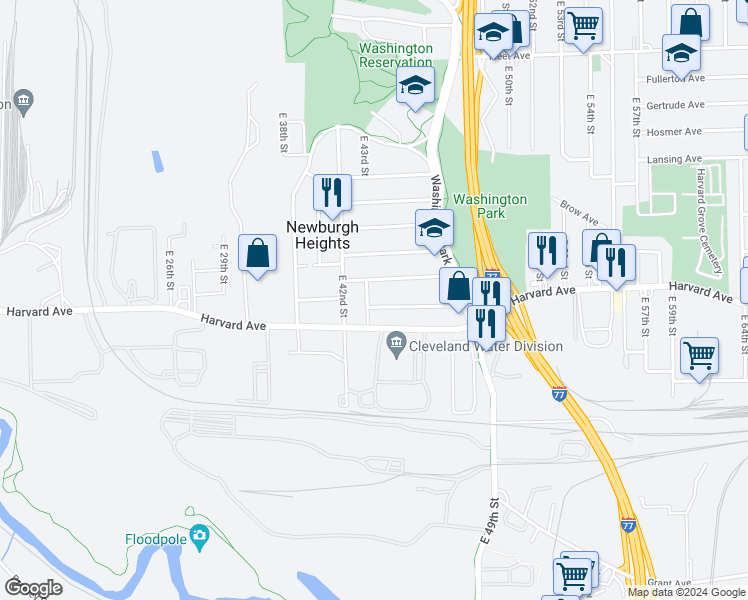 map of restaurants, bars, coffee shops, grocery stores, and more near 4055 East 44th Street in Newburgh Heights