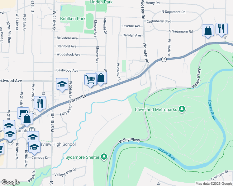 map of restaurants, bars, coffee shops, grocery stores, and more near 20255 Lorain Road in Fairview Park