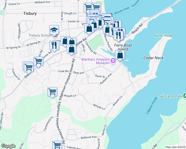 map of restaurants, bars, coffee shops, grocery stores, and more near 11 Davis Street in Tisbury