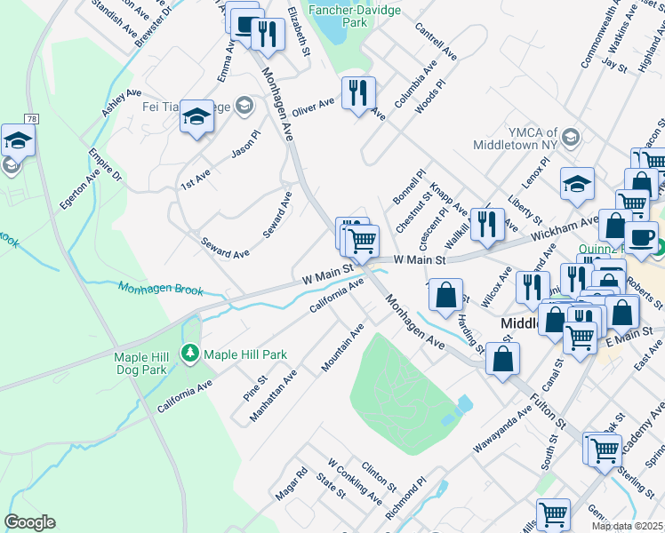 map of restaurants, bars, coffee shops, grocery stores, and more near 193 West Main Street in Middletown