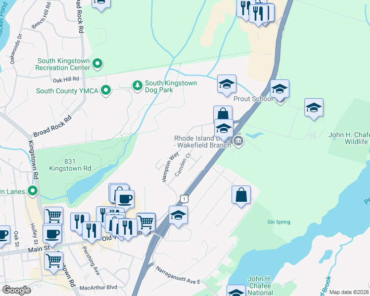 map of restaurants, bars, coffee shops, grocery stores, and more near 61 Camden Court in South Kingstown