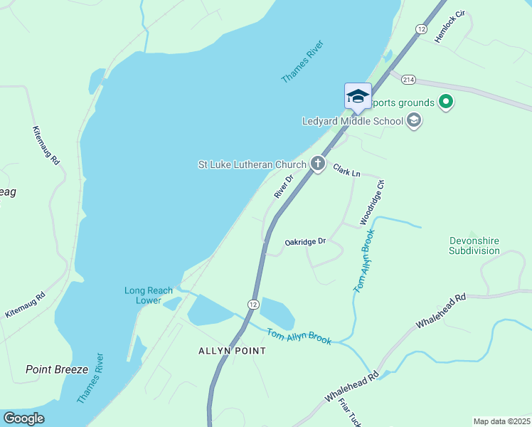 map of restaurants, bars, coffee shops, grocery stores, and more near 11 River Drive in Ledyard