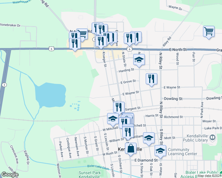 map of restaurants, bars, coffee shops, grocery stores, and more near 424 Krueger St in Kendallville