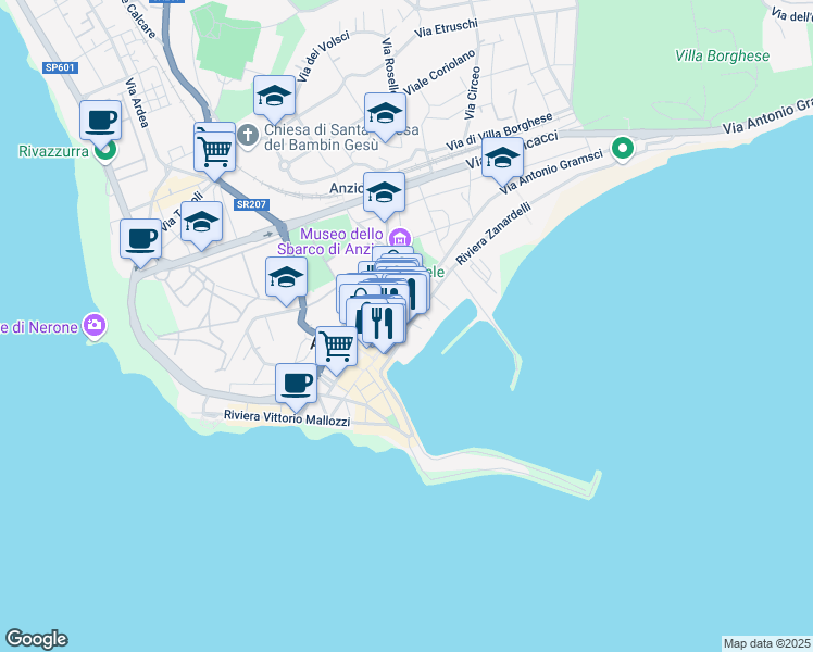 map of restaurants, bars, coffee shops, grocery stores, and more near 18 Via Luciano Manara in Anzio