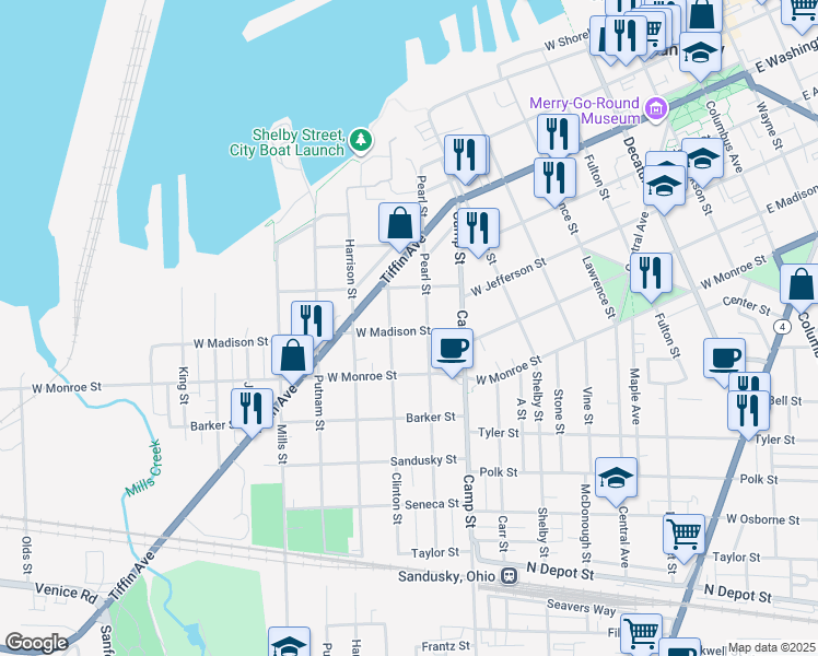 map of restaurants, bars, coffee shops, grocery stores, and more near 533 Pearl Street in Sandusky