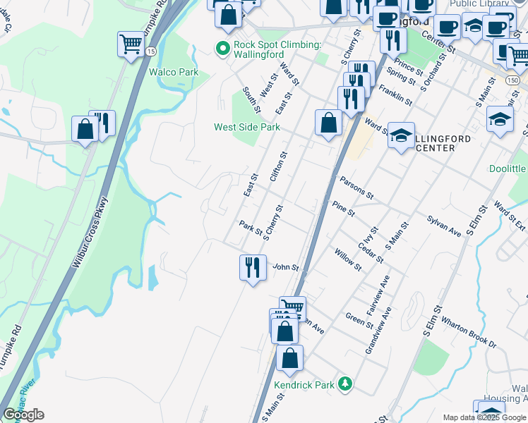 map of restaurants, bars, coffee shops, grocery stores, and more near 202 Clifton Street in Wallingford