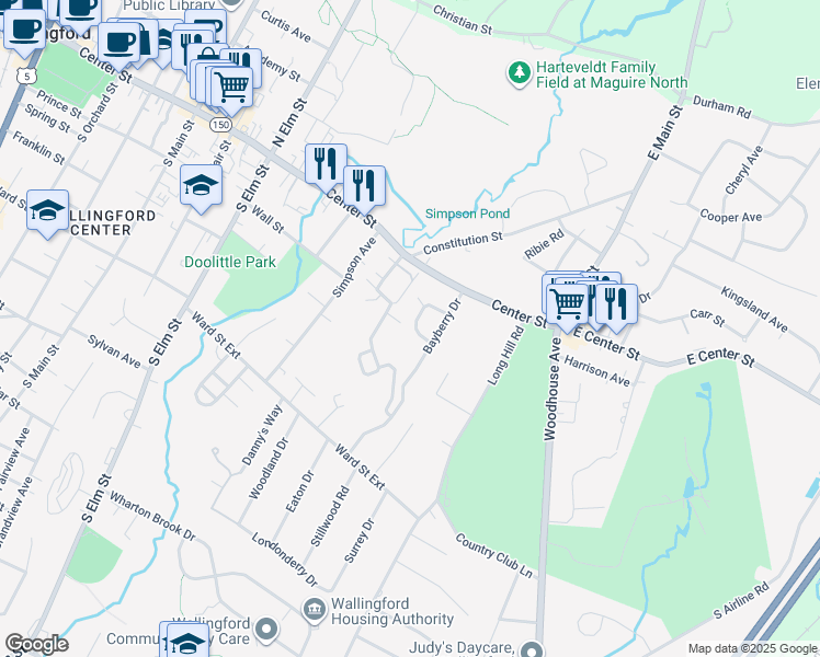 map of restaurants, bars, coffee shops, grocery stores, and more near 24 Bonnie Court in Wallingford