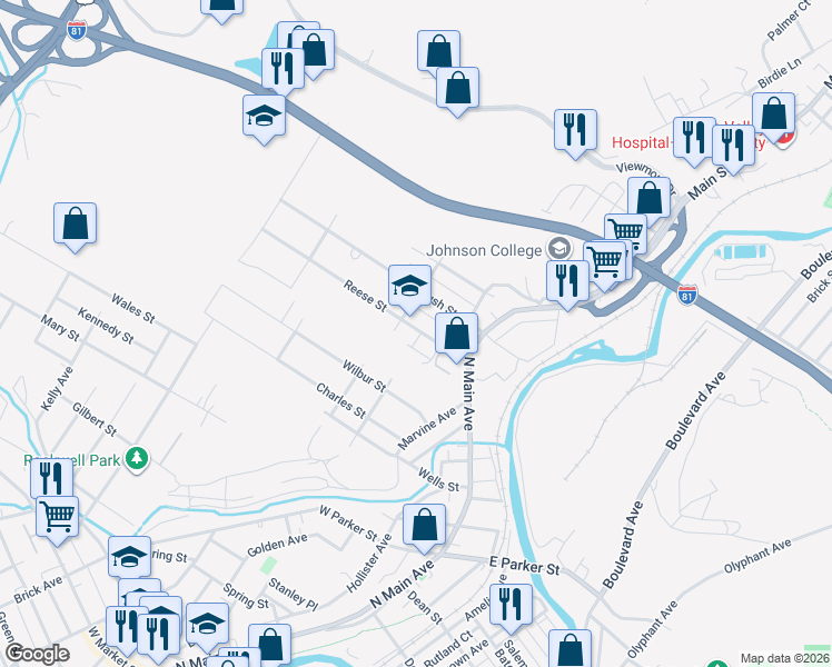 map of restaurants, bars, coffee shops, grocery stores, and more near 229 Reese Street in Scranton