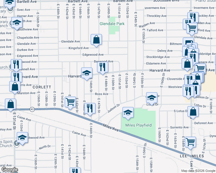 map of restaurants, bars, coffee shops, grocery stores, and more near 4101 East 148th Street in Cleveland