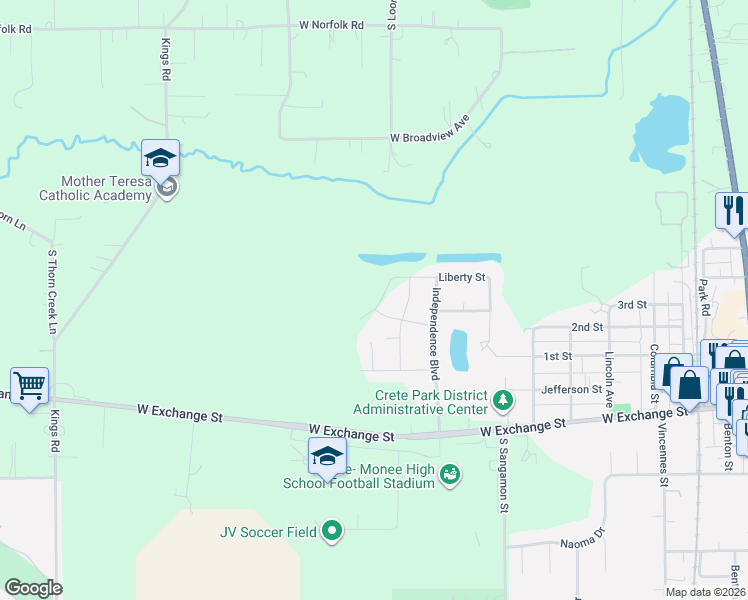 map of restaurants, bars, coffee shops, grocery stores, and more near 24380 Liberty Street in Crete