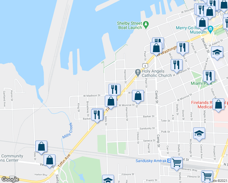 map of restaurants, bars, coffee shops, grocery stores, and more near 531 Putnam Street in Sandusky