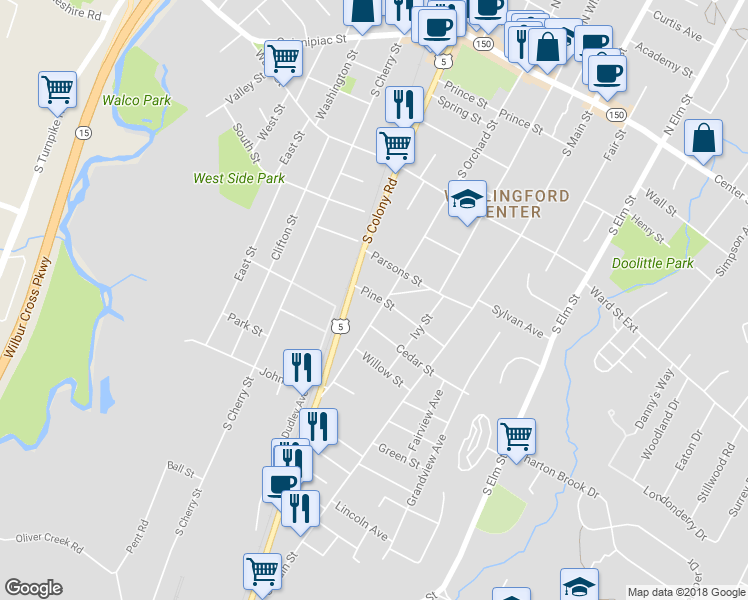 map of restaurants, bars, coffee shops, grocery stores, and more near 25 Pine Street in Wallingford