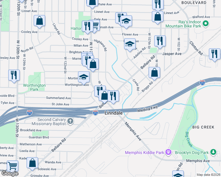 map of restaurants, bars, coffee shops, grocery stores, and more near 3857 West 116th Street in Cleveland