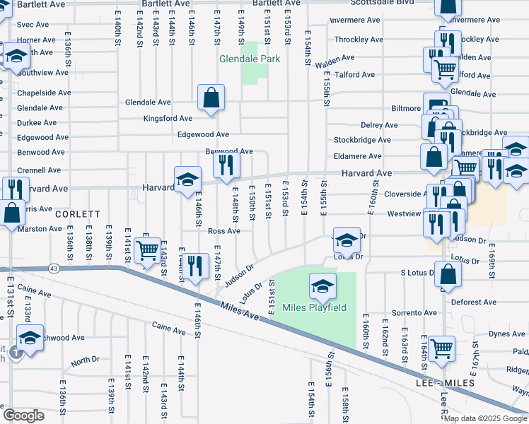 map of restaurants, bars, coffee shops, grocery stores, and more near 4106 East 151st Street in Cleveland