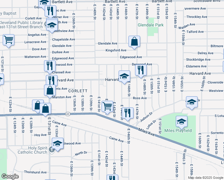 map of restaurants, bars, coffee shops, grocery stores, and more near 4086 East 143rd Street in Cleveland