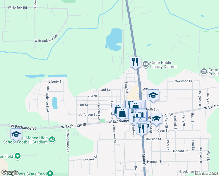map of restaurants, bars, coffee shops, grocery stores, and more near 1242 Columbia Street in Crete