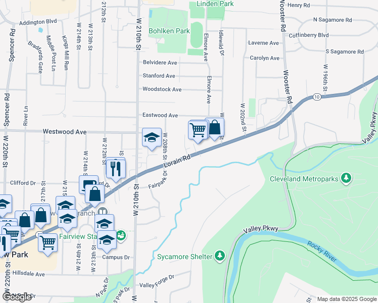 map of restaurants, bars, coffee shops, grocery stores, and more near in Fairview Park