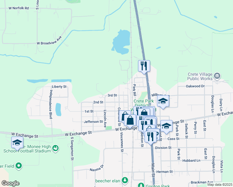 map of restaurants, bars, coffee shops, grocery stores, and more near 1242 Columbia Street in Crete
