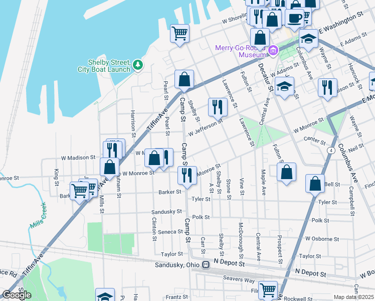 map of restaurants, bars, coffee shops, grocery stores, and more near 540 Camp Street in Sandusky