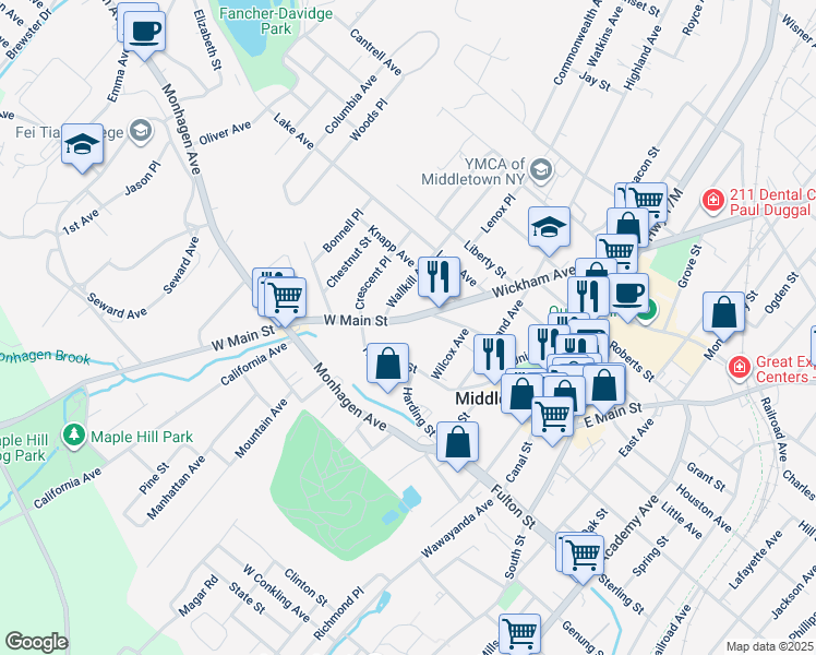 map of restaurants, bars, coffee shops, grocery stores, and more near 134 West Main Street in Middletown