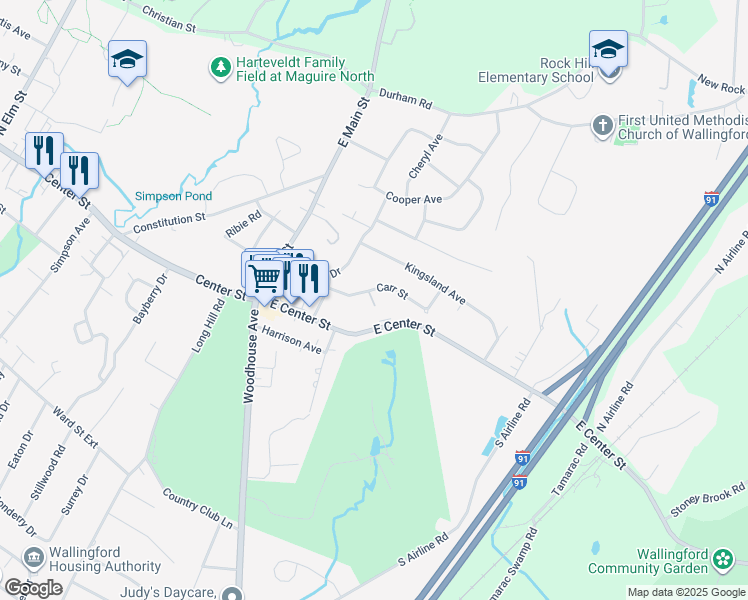 map of restaurants, bars, coffee shops, grocery stores, and more near 19 Carr Street in Wallingford