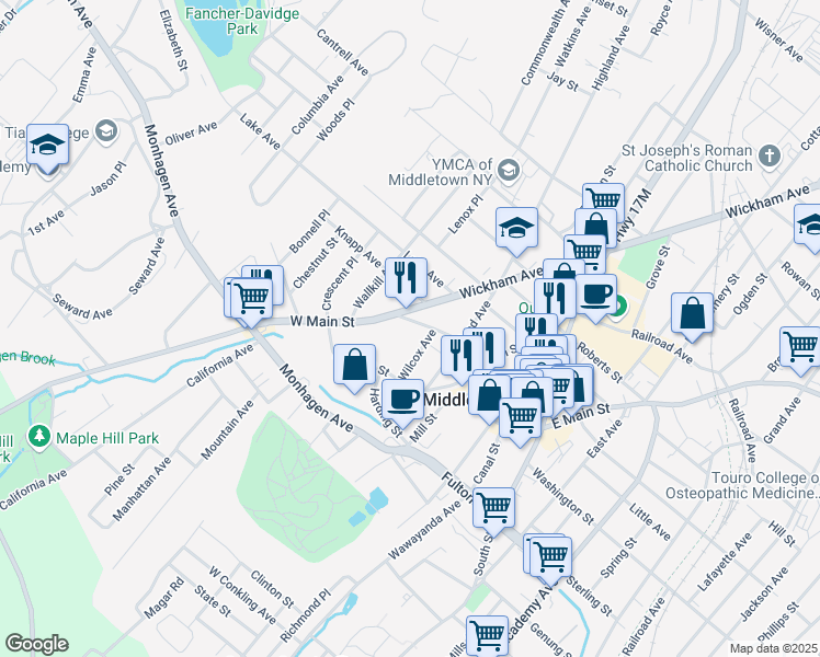 map of restaurants, bars, coffee shops, grocery stores, and more near 120 West Main Street in Middletown