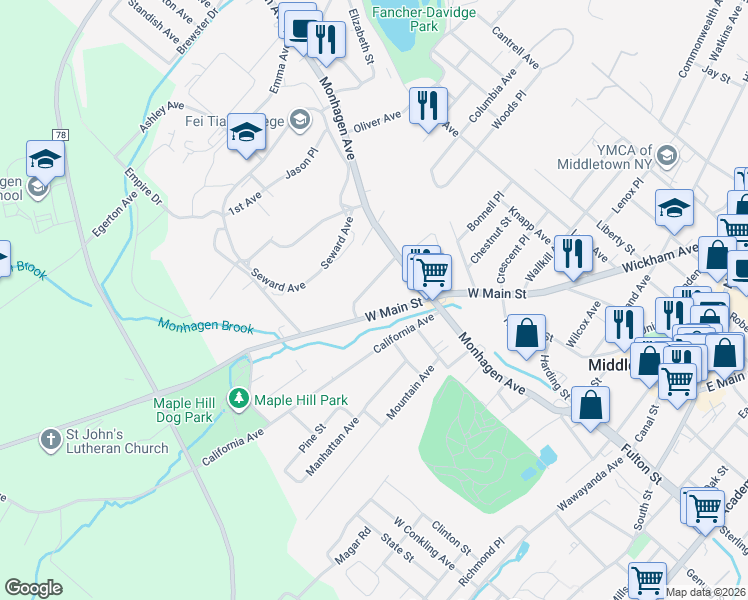 map of restaurants, bars, coffee shops, grocery stores, and more near 25 Maryland Avenue in Middletown