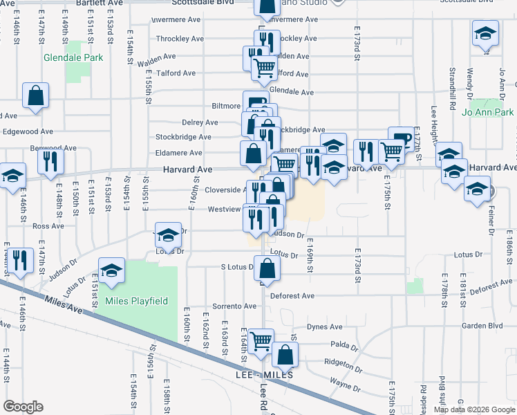 map of restaurants, bars, coffee shops, grocery stores, and more near 16417 Westview Avenue in Cleveland