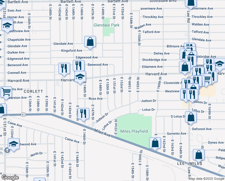 map of restaurants, bars, coffee shops, grocery stores, and more near 4106 East 151st Street in Cleveland