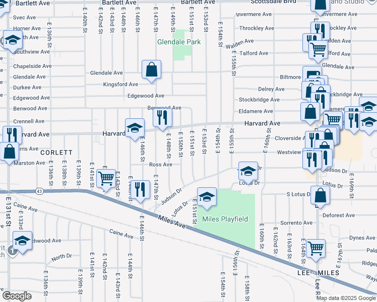 map of restaurants, bars, coffee shops, grocery stores, and more near 4106 East 151st Street in Cleveland