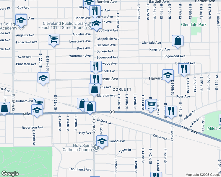 map of restaurants, bars, coffee shops, grocery stores, and more near 4086 East 136th Street in Cleveland