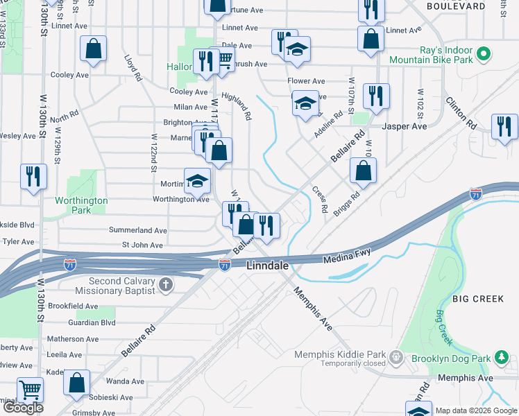 map of restaurants, bars, coffee shops, grocery stores, and more near 3857 West 116th Street in Cleveland