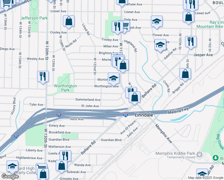 map of restaurants, bars, coffee shops, grocery stores, and more near 11801 Worthington Avenue in Cleveland