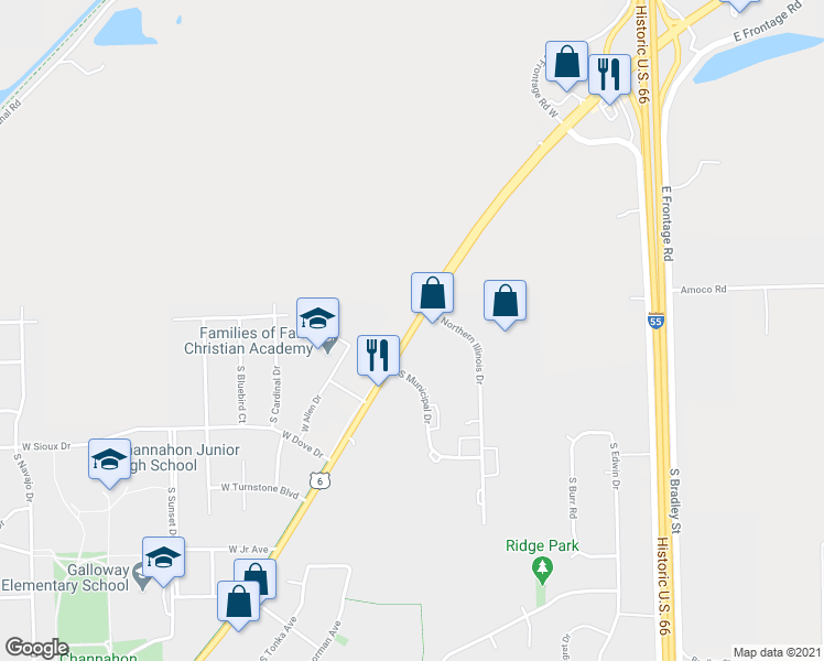 map of restaurants, bars, coffee shops, grocery stores, and more near 24061 West Eames Street in Channahon