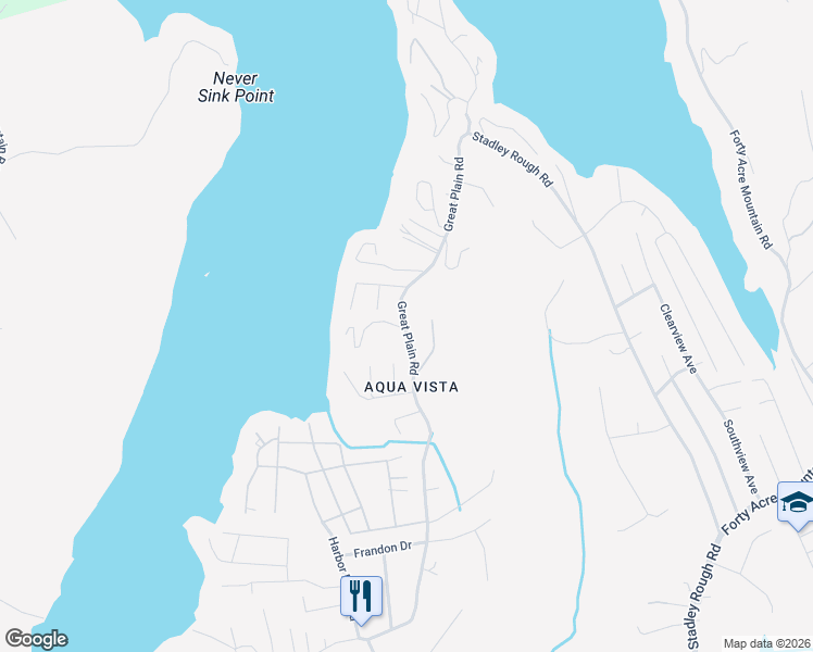 map of restaurants, bars, coffee shops, grocery stores, and more near 1A Lakeview Drive in Danbury