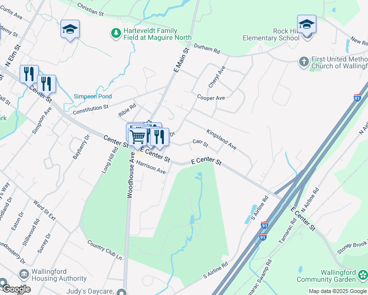 map of restaurants, bars, coffee shops, grocery stores, and more near 19 Carr Street in Wallingford