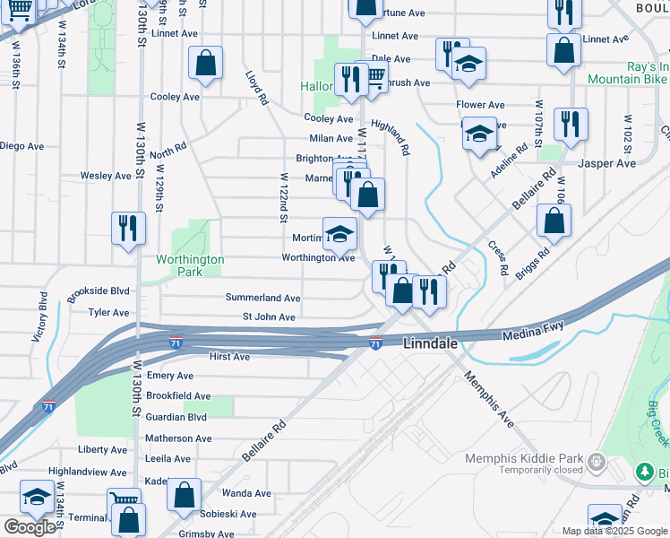 map of restaurants, bars, coffee shops, grocery stores, and more near 11801 Worthington Avenue in Cleveland