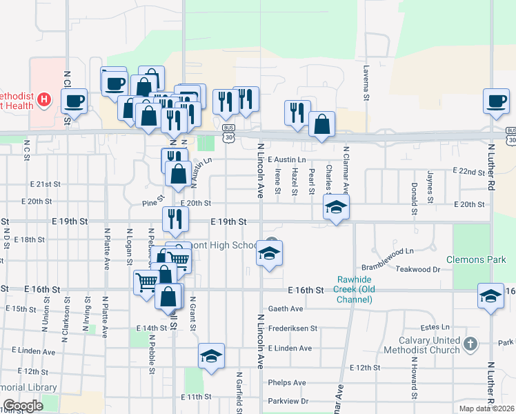 map of restaurants, bars, coffee shops, grocery stores, and more near 1513 East 20th Street in Fremont