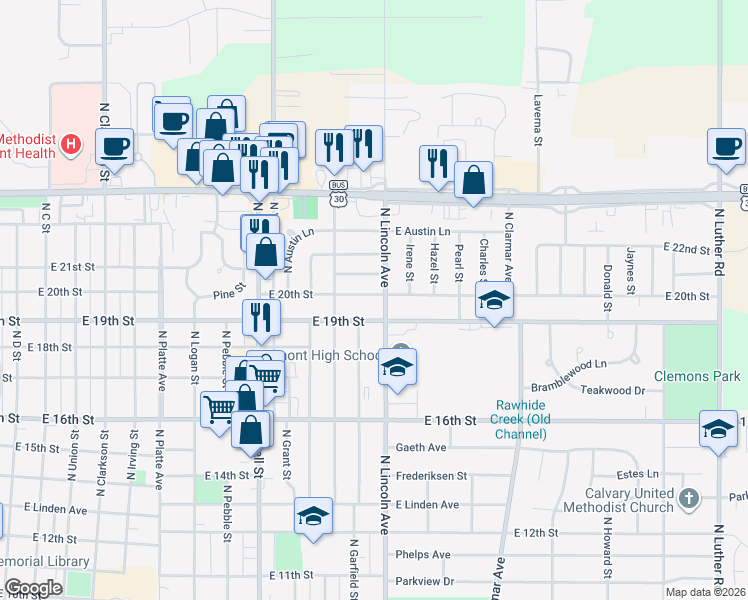 map of restaurants, bars, coffee shops, grocery stores, and more near 1513 East 20th Street in Fremont