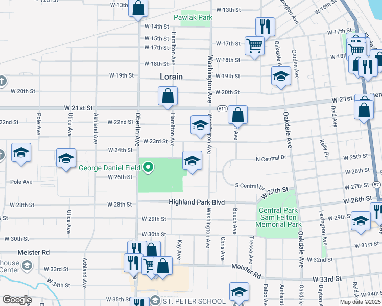 map of restaurants, bars, coffee shops, grocery stores, and more near 1025 West 23rd Street in Lorain