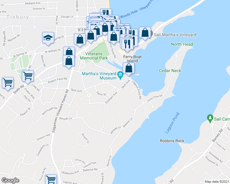 map of restaurants, bars, coffee shops, grocery stores, and more near 170 Dunham Avenue in Tisbury